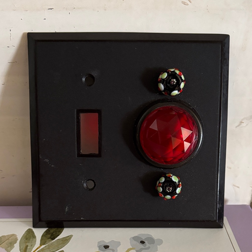 Vintage Style Black Light Switch Plate with Red Jewel Accent